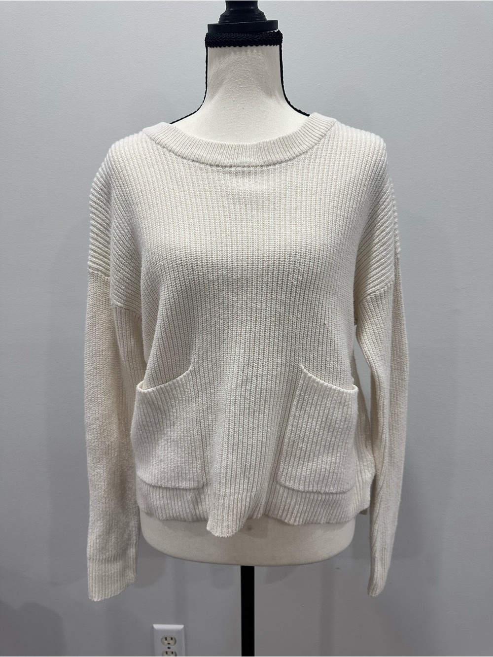 MADEWELL Cream White Ribbed Pocket Sweater - Women's Crewneck Cotton Size Small